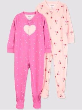 Carter's Pink & Light Pink Heart and Cherry Footed One-Piece 2-Pack 3T Nwt